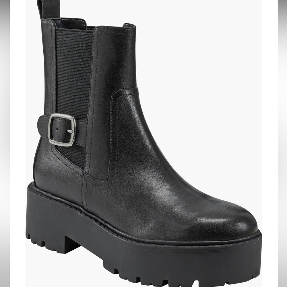 🌸MARC FISHER🌸 Dacilla Buckle Leather  Slip On Black Combat Boot Size: 8.5